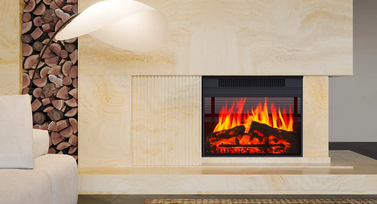 Травертин Travertine Nuvolato в интерьере (камин / портал камина и отделка стен / стены)